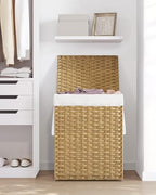 SONGMICS Laundry Hamper with Lid, 23.8 Gallon (90 L) Synthetic Rattan Clothes Laundry Basket with Lid and Handles, Foldable, Removable Liner, Goose Yellow ULCB51NL - color: Goose Yellow, size: 90 L