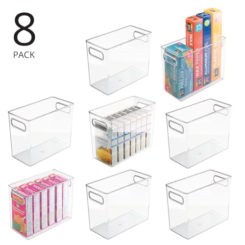 mDesign Plastic Tall Food Storage Organization Container Bin with Handles for Kitchen, Pantry, Cabinet, Fridge/Freezer, Countertop - Organizer for Snacks/Appliances, Ligne Collection, 8 Pack, Clear - size: 10 x 5 x 8 (Pack of 8)