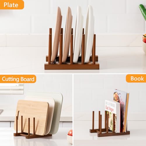 HBlife Teak Dish Plate Bowl Cup Book Pot Lid Cutting Board Drying Rack Stand Drainer Storage Holder Organizer Kitchen Cabinet（Keep Dry） - color: Teak 4 Slots 1pcs