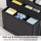 Gyfimoie Laundry Sorter with 2 Drawers, 3 Section Laundry Hamper with 2 Tiers Shelf,120L with Pull-Out Rolling Bags,Laundry Organizer for Laundry Room,Bathroom,Dorm (Black)