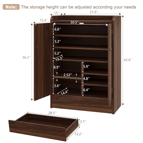 iPormis 6-Tier Shoe Cabinet with Drawer, 47” Tall Large Shoe Storage Cabinet with Doors & Adjustable Shelves, Freestanding Wooden Shoe Rack Organizer Cabinet for Entryway Hallway, Walnut Brown - color: Walnut Brown