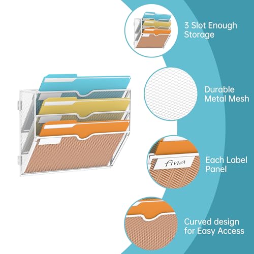 SUPEASY 3-Tier Wall File Organizer, Hanging Wall Mounted Mail Organizer with Label Slots, Metal Mesh File Holder Magazine Rack for Office, Home, School or Classroom, White - color: White, size: 3-Tier