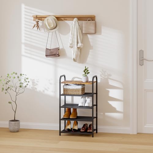 5-Tier Shoe Rack, with Heavy-Duty Metal Grid, Rustic Wooden Top, & Metal Guardrails - Transform Your Space with Style and Functionality Living Room, Kitchen, Bedroom, Garage, & Bathroom - size: 17.32" X 10.24" X 29.13"