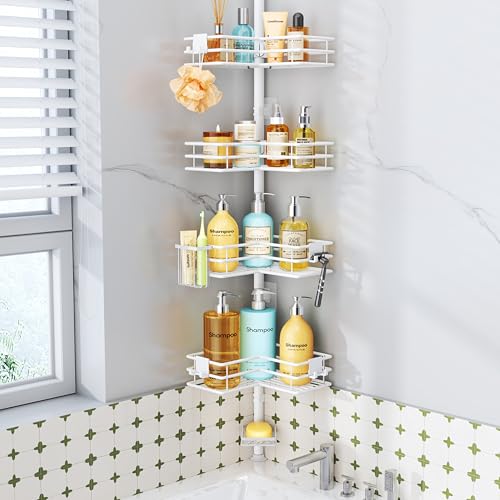 HapiRm Corner Shower Caddy Organizer - Shower Organizer Corner with Soap Holder, Toothbrush Holder and 4 Hooks, Rustproof Bathroom Shelf Tension Pole Available for 27.6 to 108.3 Inch - White - color: White