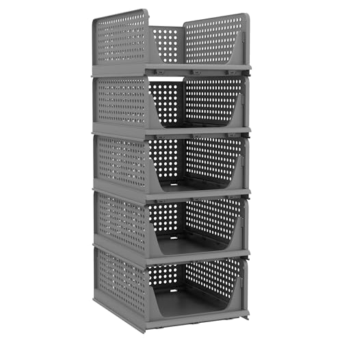 Pinkpum 5 Pack Folding Closet Organizers - Stackable Plastic Drawer Basket for Clothing, Shelf Storage Container for Closet, Wardrobe, Bedroom, Bathroom, Office (Black) - color: Black, size: 5 Pack L