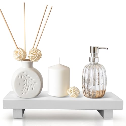White Wooden Bathroom Tray Wood Riser Pedestal Stand Dish Soap Dispenser Holder for Kitchen Counter Bathroom Decor Decorative Kitchen Sink Countertop Trays Farmhouse Organizer Accessories Vanity Tray - color: White, size: 10" x 6" x 1.6"