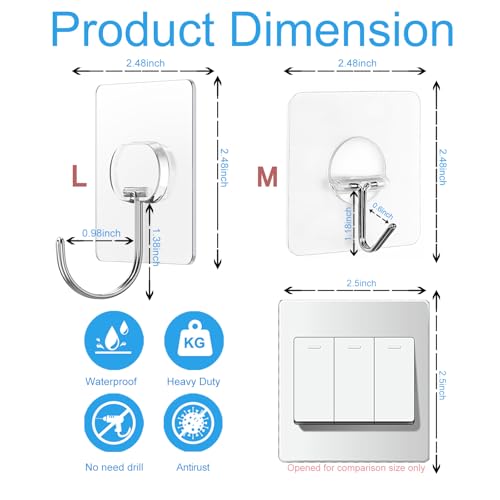 JINSHUNFA Adhesive Wall Hooks 13LB Heavy Duty No Drill Large Transparent Waterproof Hooks for Bathroom Kitchen Towel Coat 12 Pack - size: 12 Large hooks
