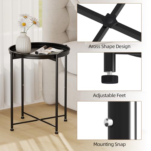 Garden 4 you Small Side Table, Mini Round End Table, Tray Table with Metal Frame, Modern Nightstand for Living Room, Bedroom, Patio, Small Space, Black - color: Black, size: 1 PCS