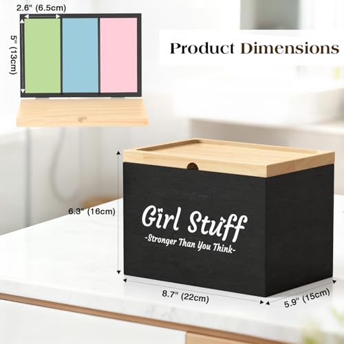 Luxspire Tampon Holder for Bathroom - Discreet Feminine Product Organizer with Lid & Wood Pad, Shark Week Tampon Storage Box, Stylish Girl Stuff Organizer for Bathroom, Black - color: Black