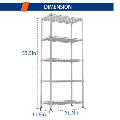 REGILLER 5-Wire Shelving Metal Storage Rack Adjustable Shelves,Standing Storage Shelf Units for Laundry Bathroom Kitchen Pantry Closet(Silver,11.8" D x 21.2" W x 53.5" H) - color: Silver, size: 5tier 11.8"D x 21.2"W x 53.5"H