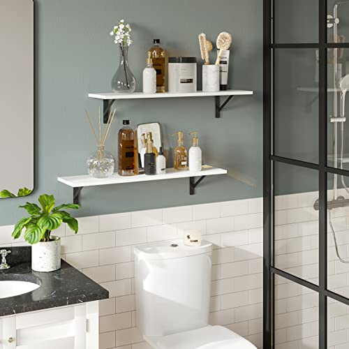 DINZI LVJ Long Wall Shelves, 24 Inch White Floating Shelves Set of 2, Easy-to-Install, Wall Storage Ledges with Sturdy Metal Brackets for Living Room, Bathroom, Bedroom, Kitchen, White - color: White, size: 23.6 Inch