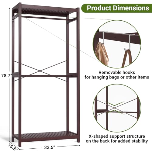 Homykic Bamboo Clothes Rack with Shelves and Double Hang Rods, Portable Closet System Garment Rack for Hanging Clothes, Tall Clothing Rack Corner Closet Organizer, Easy to Built, Espresso - color: Espresso, size: Standard