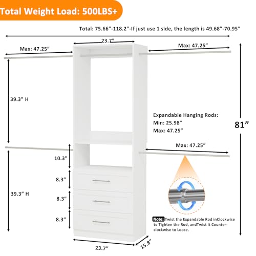 5–9FT Closet System with 3 Wood Drawers, Closet Organizer System with 5 Expandable Hanging Rods, Walk-in Closet System with Shelves, Wall Mounted Built-in Closet Organization System