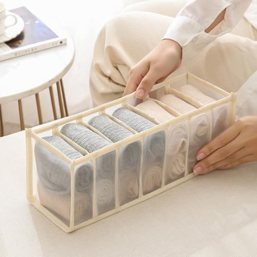 Underwear Storage Organizer, 7-Compartment Foldable Drawer Divider for Home, Closet, and Travel Use, Mesh Fabric Underwear Organizer Box (Off White) - color: 1 Off White