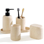Bathroom Accessories Set, Travertine Stone-Look, 5 PCS Bathroom Accessory Set with 13.53 OZ Soap Dispenser, Toothbrush Holder, Tumbler, Vanity Tray, Cotton Swab Jars for Countertop (Yellow) - color: Yellow 5 Pcs