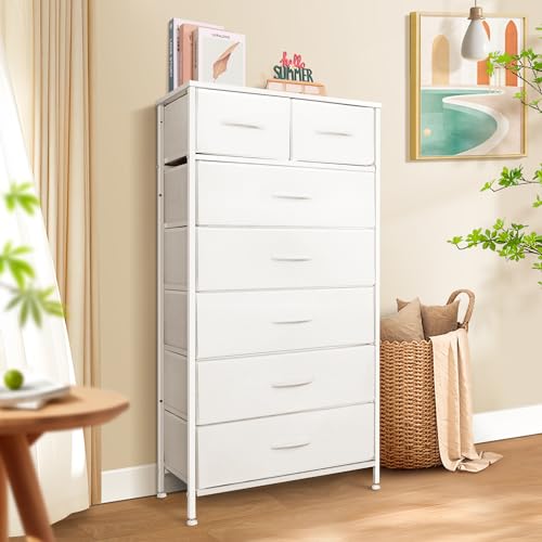 Mifuro Tall Dresser for Bedroom, Vertical Storage Organizer Tower with 7 Drawers, Chest of Drawers with Fabric Bins, Steel Frame, Wood Top for Bedroom, Closet, Entryway- White - color: White, size: 7 Drawers
