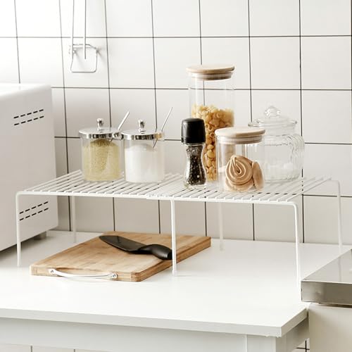 Expandable Cabinet Organizer for Kitchen Cupboard Under Sink Countertop Bathroom Bedroom Office Table Desk Counter Storage Organization Rack Saver Stackable Saving iron Frame Rust Resistant (White)