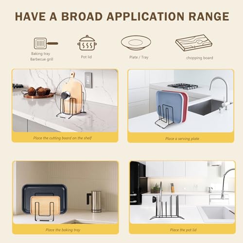 Pot Lid Organizer and Cutting Board Holder, Stainless Steel Kitchen Storage Rack for Lids and Boards, Space-Saving Cooling Rack Organizer for Countertop and Cabinet [1-Pack] Black