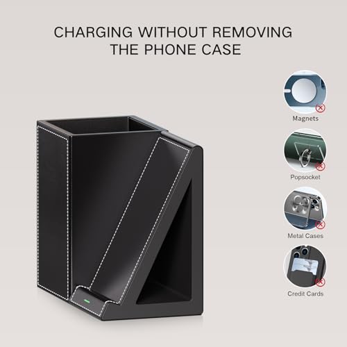 LADSTAG Pen Organizer with Phone Stand,Black Vegan Leather Desk Organizers with Remote Control Holder,Pencil Holder for Desk,Desk Organizer with Phone Charger for Office/Nightstand/Endtable - color: Black, size: S