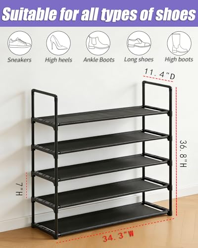 5 Tier Shoe Rack Large Capacity, 34.3" Wide Adjustable Shoe Organizer for 20-25 Pairs, Sturdy Non-Woven Shoe Rack Shelf Multi-Purpose Storage Unit for Closet, Hallway, Entryway,Garage,Black - size: 5-Tier(Black)-34.3"W