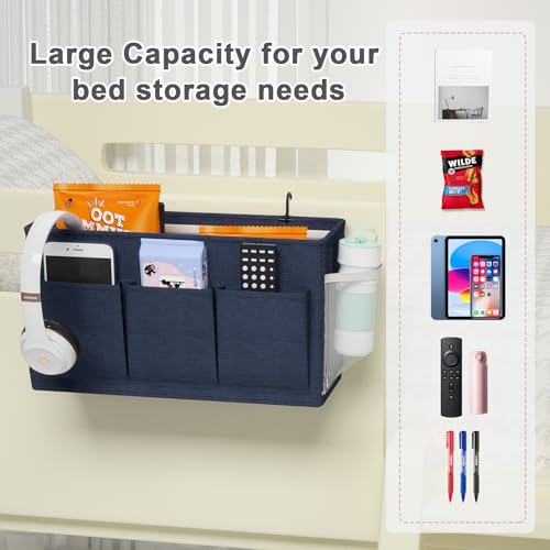 Edudif Dual-purpose Bedside Caddy Bedside Organizer, Bed Caddy with 6 Pockets, Versatile Bedside Storage Solution Magazine Remotes holder, ideal for Home, Dorm, Hospital, Crib Bed (Navy) - color: Navy