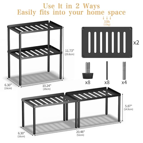 Cabinet Organizer Shelf, 2 Tier Kitchen Cabinet Organizer with Stackable Cabinet Shelves for Kitchen Countertop Storage, Metal Kitchen Shelf Organizer for Spice, Pantry & Under Sink