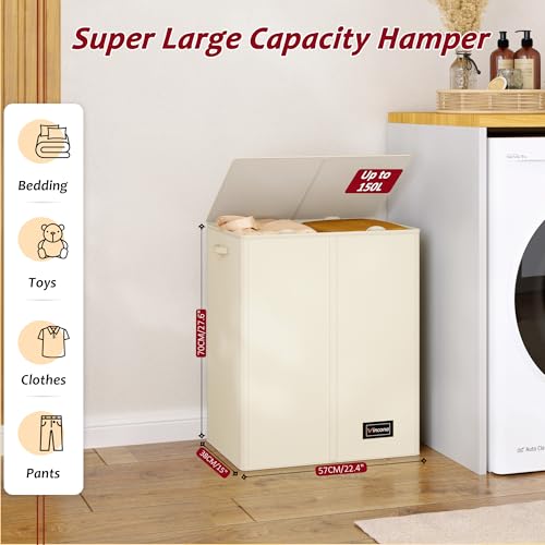 150L Laundry Hamper 2 Section, Large Laundry Hamper with Lid, Dirty Clothes Hamper with 2 Removable Inner Bags, Collapsible Laundry Basket Organizer for for Clothes Toys Towels, Hamper 2 Compartment - color: Beige, size: 150L