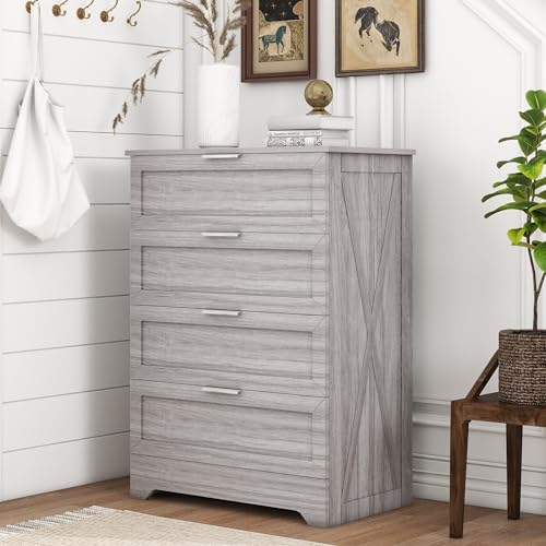 FTZxHKLX Farmhouse 4 Drawer Dresser for Bedroom, Tall Bedroom Dresser with Large Drawer & Silver Handles, Wooden Storage Organizer Cabinet Chest of Drawer for Closet, Living Room, Hallway, Wash Grey - color: Wash Grey