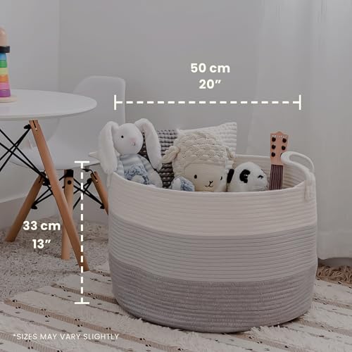 OrganiHaus Large Woven Storage Basket for Blankets and Toys 20" x 13" Inch, Rope Laundry Basket with Handles, Cushions & Pillows Storage Bin, Nursery Hamper, Soft Round Dog Toy Bin - Gray - color: 3-toned Gray, size: Wide