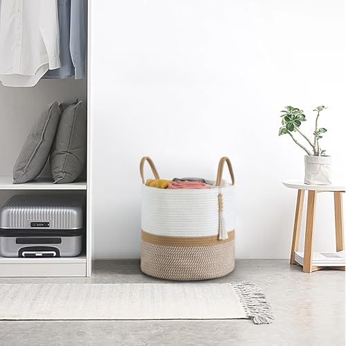 Mkono Woven Storage Basket Decorative Natural Rope Basket Wooden Bead Decoration for Blankets,Toys,Clothes,Shoes,Plant Organizer Bin with Handles Living Room Home Decor, 16"W×13.8"L, White and Brown - color: White and Brown, size: 16" W × 13.8"L