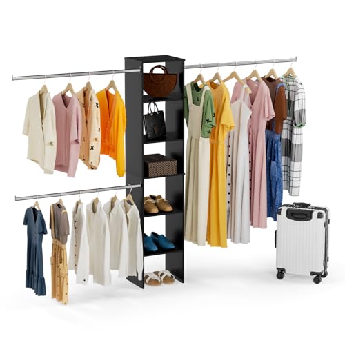 ROOMTEC Closet System, 17" Wide Wall-Mounted Closet Organizer Kit with Wood Storage Tower and 3 Hanging Rods, Wardrobe Closet System for Walk-In Closets, Black - color: Black, size: 17 Inch