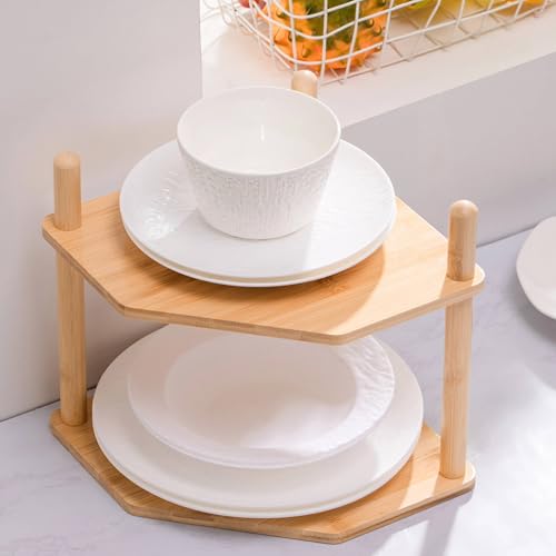 3-Tier Expandable Bamboo Corner Shelf - Dish/Plate Organizer for Cabinet, Kitchen Counter Shelf & Small Kitchen Shelf, Adjustable (6.7" H-2PC, 2-Tier) - color: 6.7"h-2pc-2