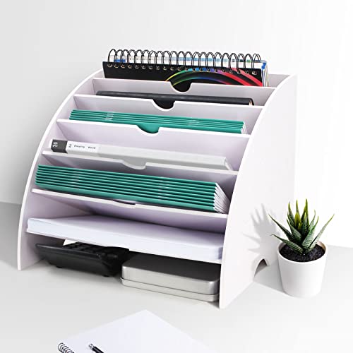 SONGWAY Fan Shaped Desk File Organizer - 6 Compartments File Holder for Desktop, Magazine Rack, Mail Holder, File Sorter, Paper Organizer for Home Office Classroom, White - size: Fan Shape