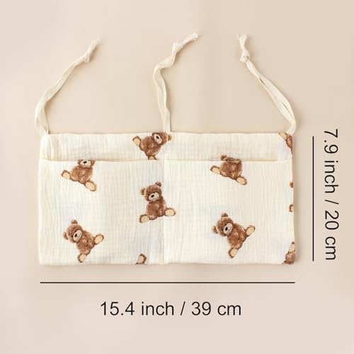 Muslin Cotton Baby Bedside Hanging Storage Bag, 2-Pocket Crib Diaper Caddy Organizer, Nursery Organization Holder for Cribs, Playard, Changing Table or Wall, Milk Bottle Bib Organizing Oatmeal