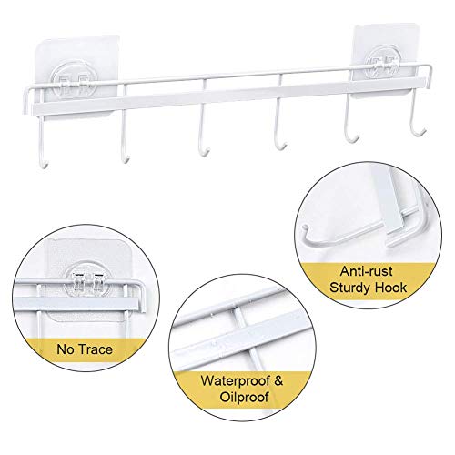 YiZhi Adhesive Wall Hooks Rack Kitchen Rail, Space Saving Utensil Holder No Drilling Wall Mounted Accessory Hanger with 6 Hooks for Kitchen Bathroom Bedroom Pack of 2 (White) - color: White