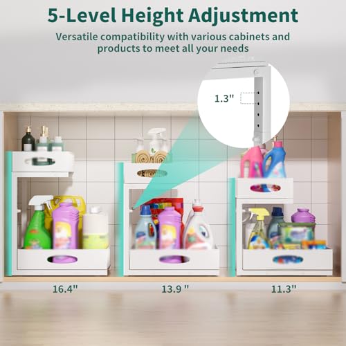 Under Sink Organizer, Extra-Wide Upgrade, 2 Pack 2 Tier Metal Slide Out Cabinet Organizer, Height Adjustable Organization and Storage Series, Bathroom/Cabinet/Kitchen organization, White - color: White - Double Pack, size: Wide Upgraded Version