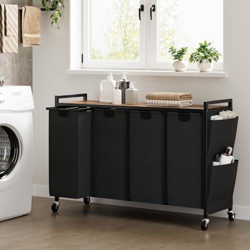 WOWLIVE 4-Compartment Laundry Hamper with Lid,Rolling Laundry Basket Organizer with Wheels, Iron-Made Laundry Sorter with Top Shelf and 4 Removable Bags,Large Clothes Storage for Room,Black - color: Black, size: 220L (43.7 x 13 x 28.8 Inches)