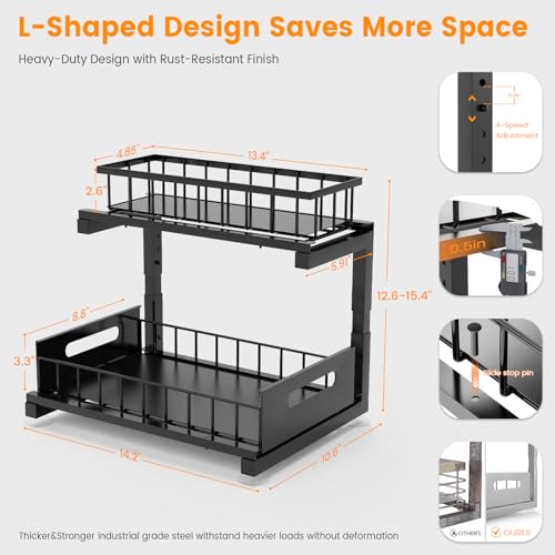 Under Sink Organizer, Heavy Duty Metal Pull Out Cabinet Organizer Slide Out Sink Shelf Organizer Height Adjustable, Multi-Purpose Storage Shelf for Kitchen Bathroom(Black,2Pack) - color: Black, size: 2 Pack