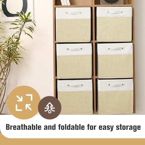 FinishingBo 13 x 13 Inch Fine Linen Storage Bins with Handles，Fabric Cube Boxs，Basket Organizers for Shelves for Home, Closet Drawers (White/Khaki-6 Pack) - color: White/Khaki-6 Pack