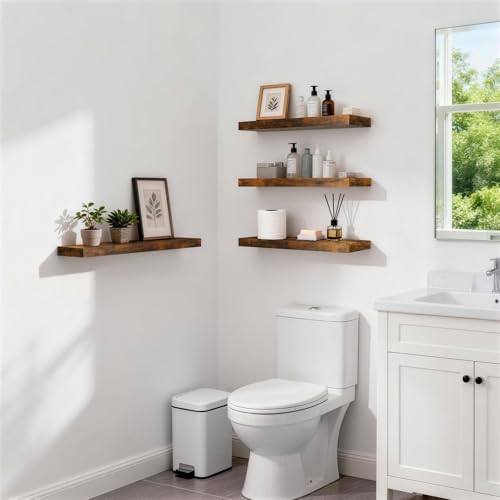 BAYKA Floating Shelves Set of 2, 22.5 inches Farmhouse Rustic Wood Wall Mounted Shelves for Bathroom, Bedroom, Living Room or Kitchen, Hanging Shelf Decor Book with 22lbs Capacity, Rustic Brown - color: B. Rustic Brown - Americana Farmhouse Style, size: 2