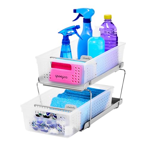 madesmart 2 Tier Organizer, Under Cabinet Storage with Pull Out Sliding Drawers, for Cleaning Supplies, Pantry, Undersink, Sponges, Bottles & Bath, Adjustable Dividers & Pull Out Baskets, Frost - size: 1-Pack