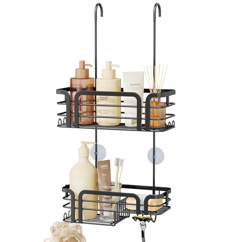 SWTYMIKI Shower Caddy Hanging Organizer - Over the Door Shower Caddy with Soap Holder, 11 Hooks, 2 Installation Ways, Stainless Steel Rustproof Bathroom Organizer, Black - color: Black