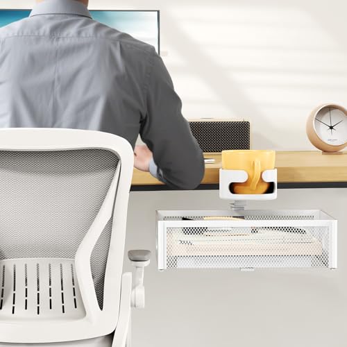 CABTE Desk Cup Holder with Drawer Organizer, Anti-Spill Clip-On Table Cup Hook with 360° Rotation Hidden Storage Box for Office Home Gaming Table (White) - color: White