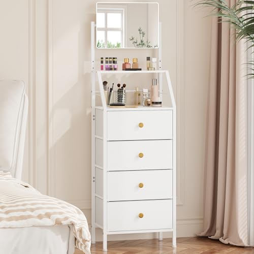 HIGDBFE 4-Drawer Dresser with Mirror, Vanity with 2-Tier Shelves, Fabric Chest of Drawers for Small Space, Vertical Storage Cabinet for Bedroom, Nightstand Bedside Table Furniture, White, 15.3" W - color: White