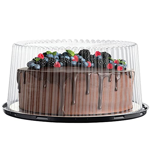 10 - 11" Plastic Disposable Cake Containers Carriers with Dome Lids and Cake Boards | 5 Round Cake Carriers for Transport | Clear Bundt Cake Boxes / Cover | 2-3 Layer Cake Holder Display Containers