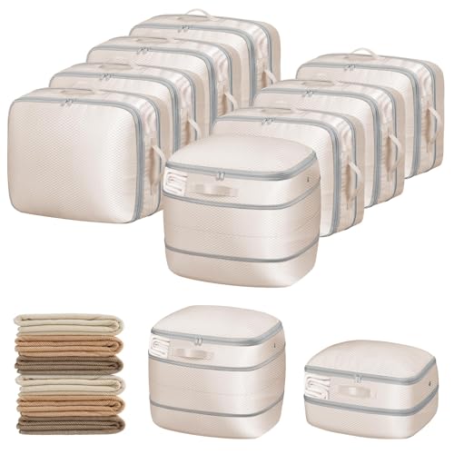 DIMJ Compression Storage Bags 8 Pack - Blanket Storage Bags with Window Zipper, Ultra Space Saving Self Compression Organizer for Puffer Jacket, Bedding, Lightweight Comforter Duvet, Sweater, Sheet - color: Beige, size: 39L x 8 Pack