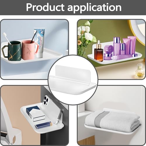 2 Pack White PP Folding Wall Shelf, 6.8" x 4.3" & 11" x 6.3" Foldable Adhesive Shelves, Small Fold-Down Wall Storage Tray for Bathroom Toilet Kitchen Phone Towel