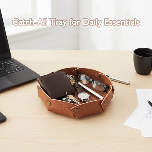 Faux Leather Valet Tray for Men, Catch-All Tray Empty Dad's Pocket for Nightstand Entryway Table, Dump Holder Everyday Carry Organizer for Wallet Keys Watch, Brown - color: Brown