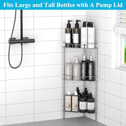 HuggieGems 3 Tier Floor Standing Corner Shower Caddy Organizer Shelf with Hooks, Bathroom Shelves Stand Rack, Gray - color: Gray, size: 3 Tier