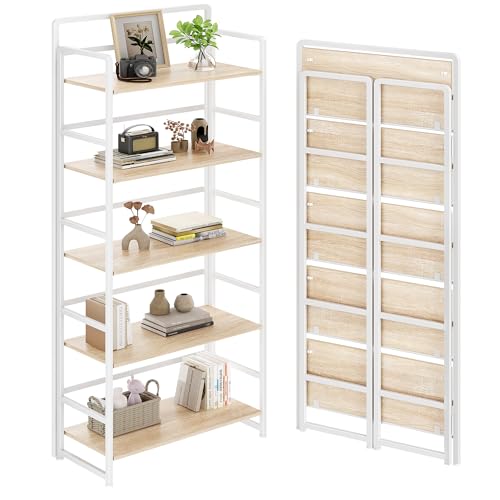 No Assembly Folding Bookshelf, 5 Tiers Collapsible Book Shelf for Home Office, Vintage Wood Foldable Bookcase Storage Organizer for Living Room Bedroom (Beige) - color: Beige, size: 5-tier